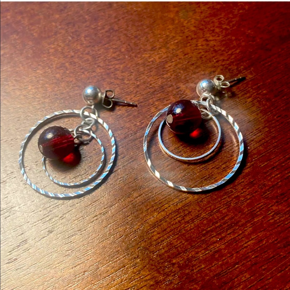 Red Bead and Silver Earrings